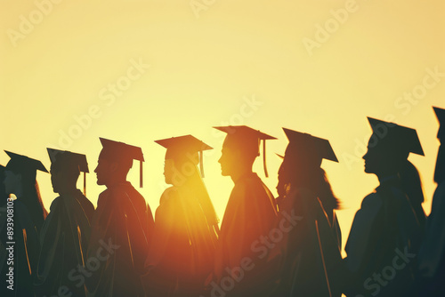 Graduates silhouetted against a golden sunrise, symbolizing new beginnings and accomplishments on their special day.