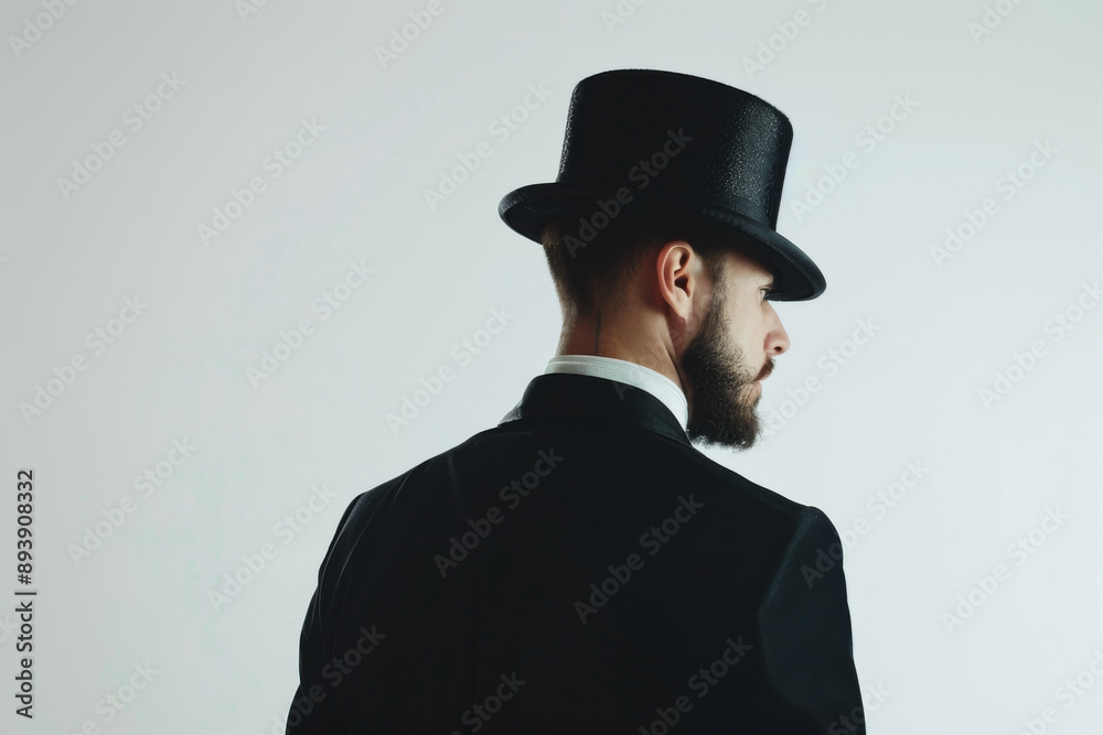 A man in a black suit and bowler hat, facing away from the camera, exuding a sophisticated and polished aura. A man in a black suit and bowler hat, facing away from the camera, exuding a sophisticated and polished aura.
