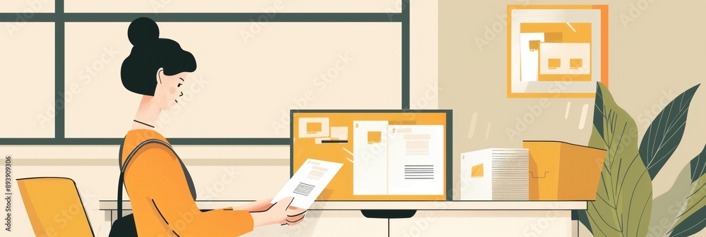 Woman focuses on work at desk in cluttered documents and computer monitor displaying report or research paper. She wears orange shirt with serious expression as she works diligently. Woman focuses on work at desk in cluttered documents and computer monitor displaying report or research paper. She wears orange shirt with serious expression as she works diligently.