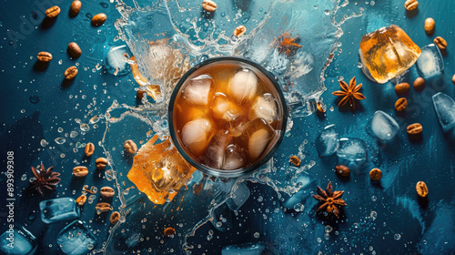 Iced Coffee Splash with Ice Cubes and Coffee Beanson a summer day photo