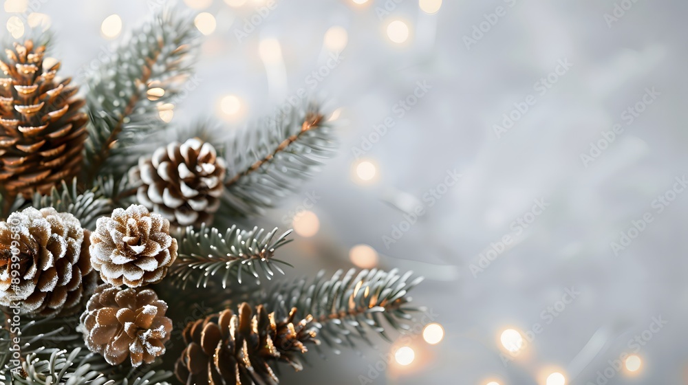 A close-up view of frosted pinecones and evergreen branches decorated with soft, warm lights, creating a festive and cozy atmosphere for the holiday season. A close-up view of frosted pinecones and evergreen branches decorated with soft, warm lights, creating a festive and cozy atmosphere for the holiday season.