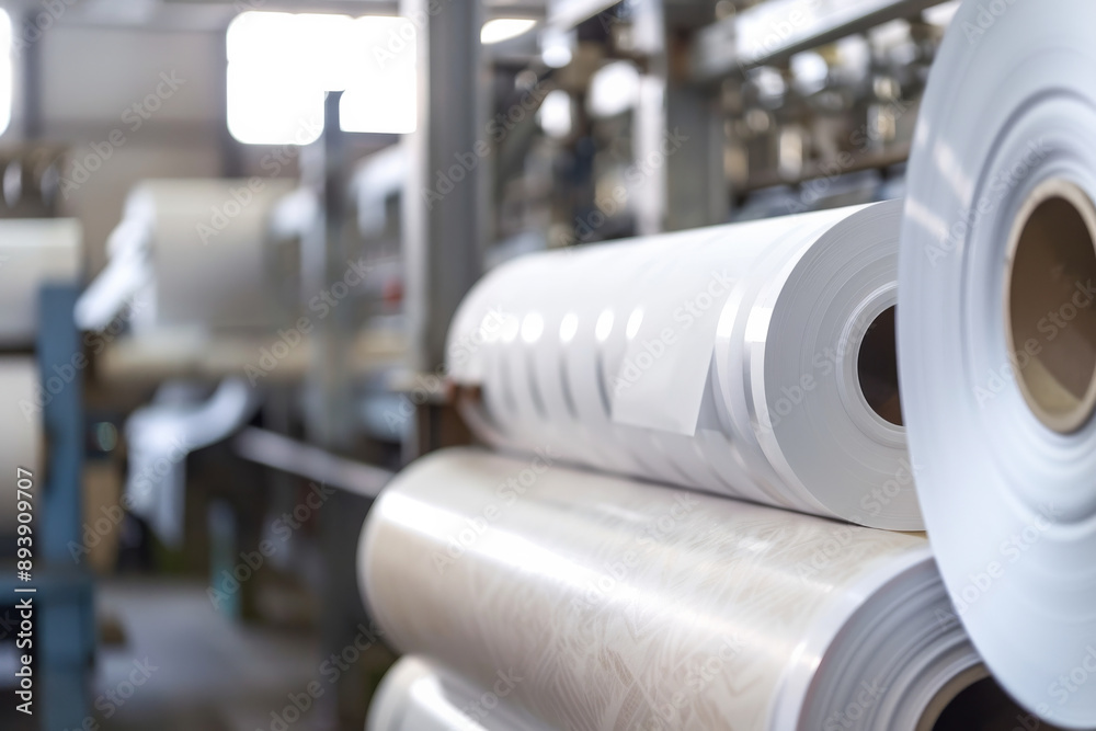Rolls of paper unwind on an assembly line, highlighted by the soft light of the factory environment. Rolls of paper unwind on an assembly line, highlighted by the soft light of the factory environment.