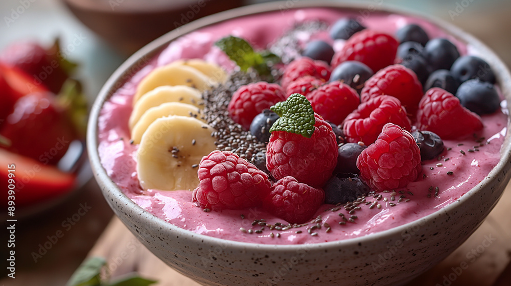 Smoothie bowl with fresh berries and banana slices. Smoothie bowl with fresh berries and banana slices.