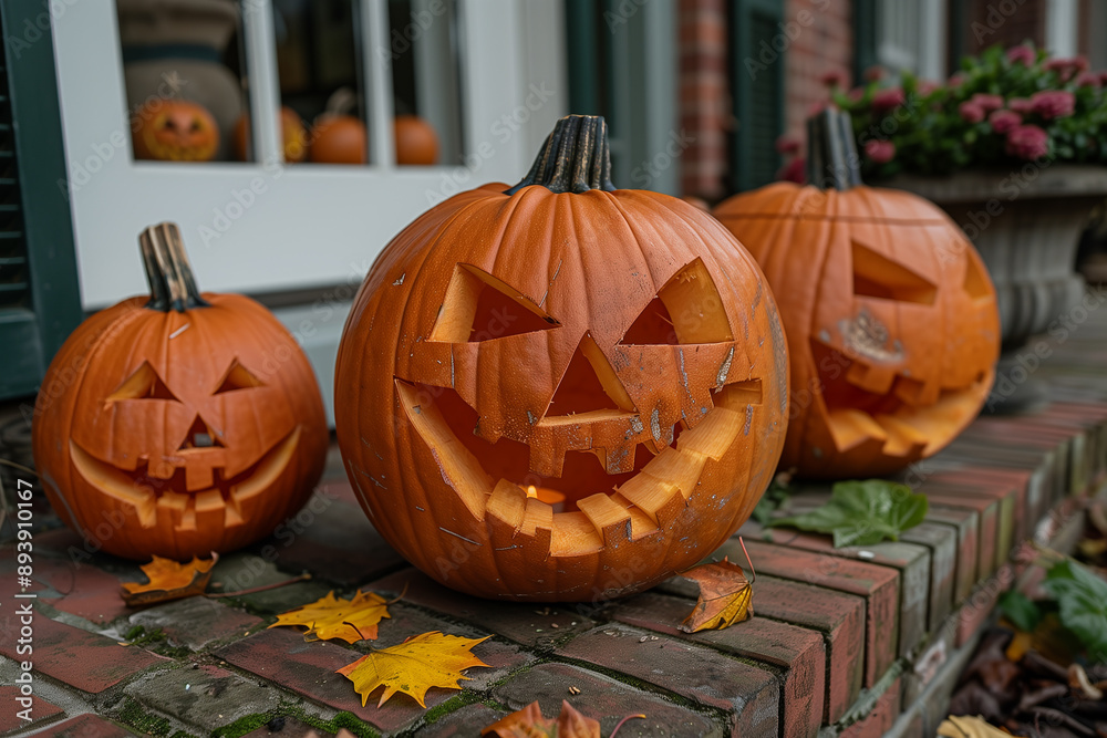 Fototapeta premium Halloween preparations. Carving jack-o-lanterns on a porch