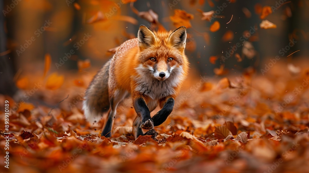 Fototapeta premium A vibrant red fox energetically leaps through a forest floor covered in autumn leaves, presenting a scene filled with motion, freedom, and the natural beauty of wildlife.