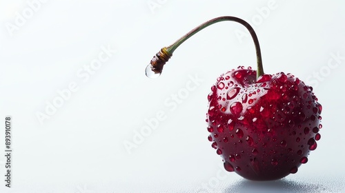 A close-up image of a single, ripe cherry with a water droplet on the stem. The cherry is in focus, with a blurred background. photo