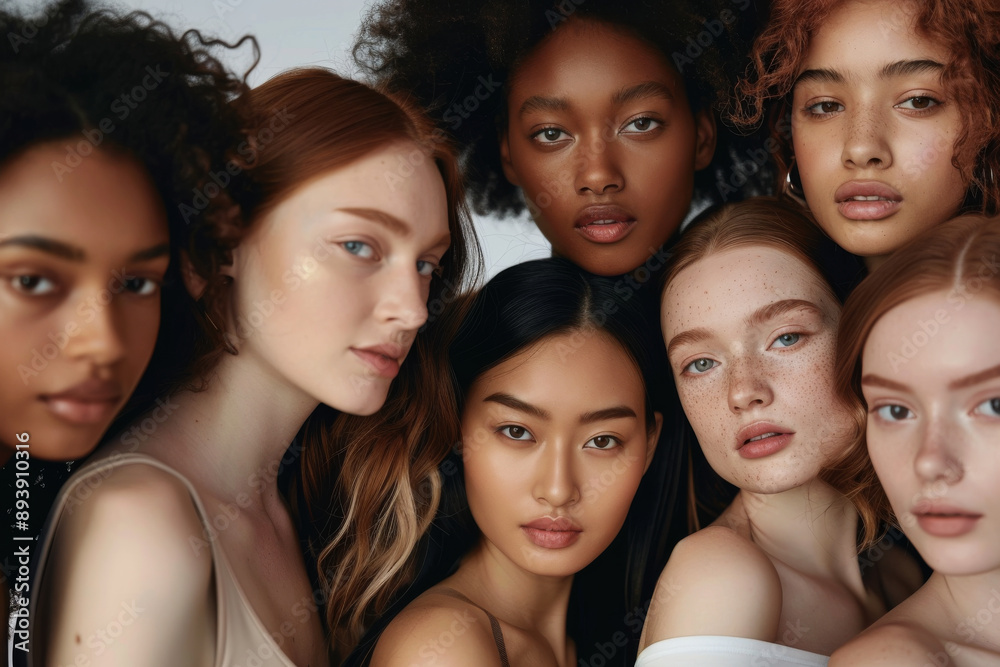 Obraz premium Group of eight diverse women standing back-to-back, radiating strength, unity, and natural beauty in a cohesive portrait.