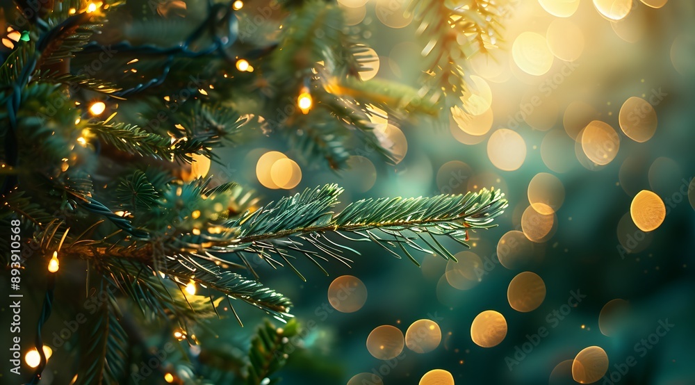 A close-up view of a Christmas tree branch adorned with warm glowing lights and a festive bokeh background. A close-up view of a Christmas tree branch adorned with warm glowing lights and a festive bokeh background.