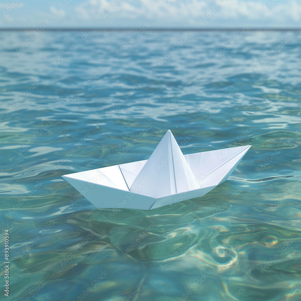 Photorealistic white paper boat sailing on clear blue water on a sunny day with reflections on the water, a close-up shot of a white paper boat at sea with a serene and peaceful environment Photorealistic white paper boat sailing on clear blue water on a sunny day with reflections on the water, a close-up shot of a white paper boat at sea with a serene and peaceful environment