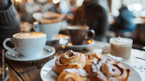 A close-up of a table in a Scandinavian cafe, with a cup of coffee and a plate of cinnamon rolls. The cafe is bustling with people enjoying fika