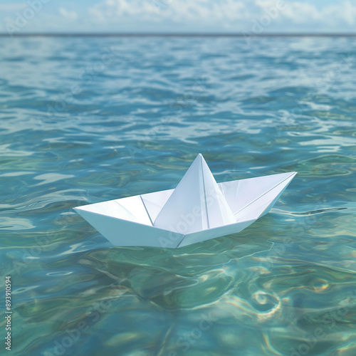 Wallpaper Mural Photorealistic white paper boat sailing on clear blue water on a sunny day with reflections on the water, a close-up shot of a white paper boat at sea with a serene and peaceful environment Torontodigital.ca