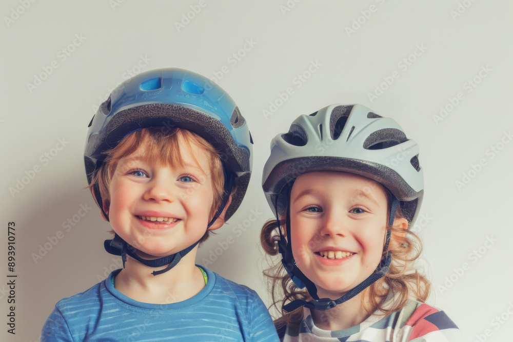 Two cheerful children with bike helmets beam brightly at the camera, ready for cycling adventures and outdoor fun. Two cheerful children with bike helmets beam brightly at the camera, ready for cycling adventures and outdoor fun.