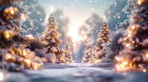 A serene winter landscape featuring snow-covered trees adorned with soft glowing lights, creating a magical atmosphere of tranquility and holiday cheer.  photo