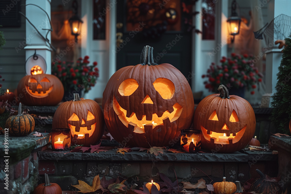 Halloween preparations. Carving jack-o-lanterns on a porch