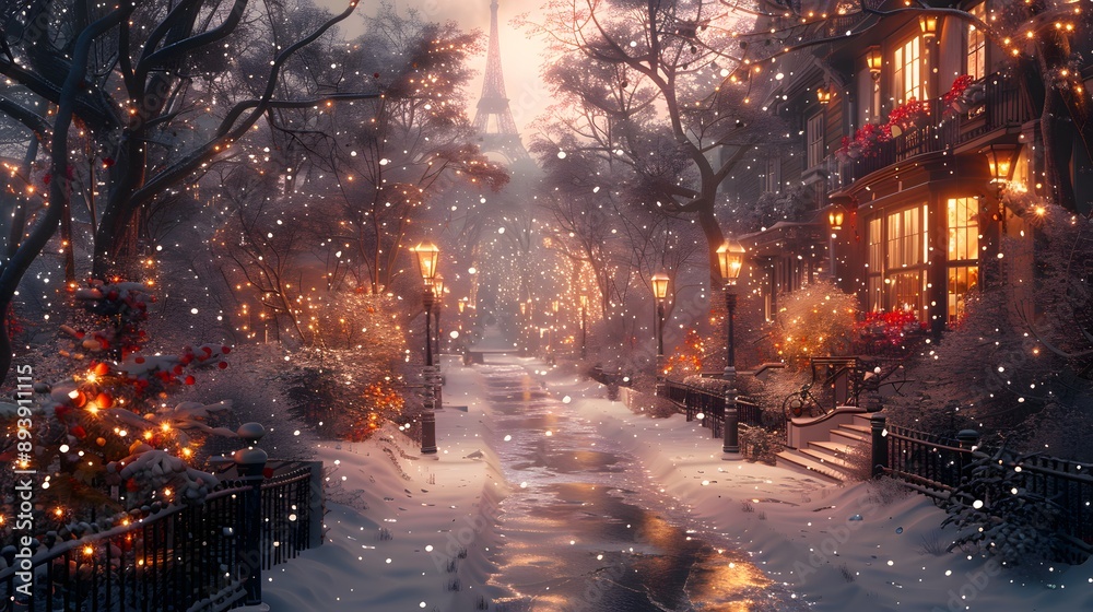 Fototapeta premium A serene winter scene in a picturesque Parisian street, adorned with glowing street lamps and gently falling snowflakes, featuring the Eiffel Tower in the background.