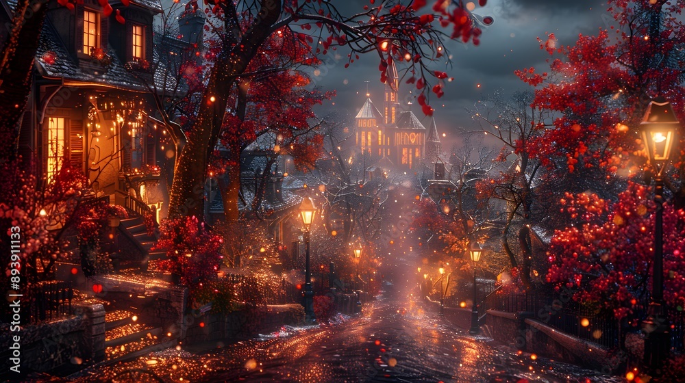 A picturesque, enchanted street scene illuminated by warm lights and adorned with vibrant autumn foliage, creating a magical atmosphere. 