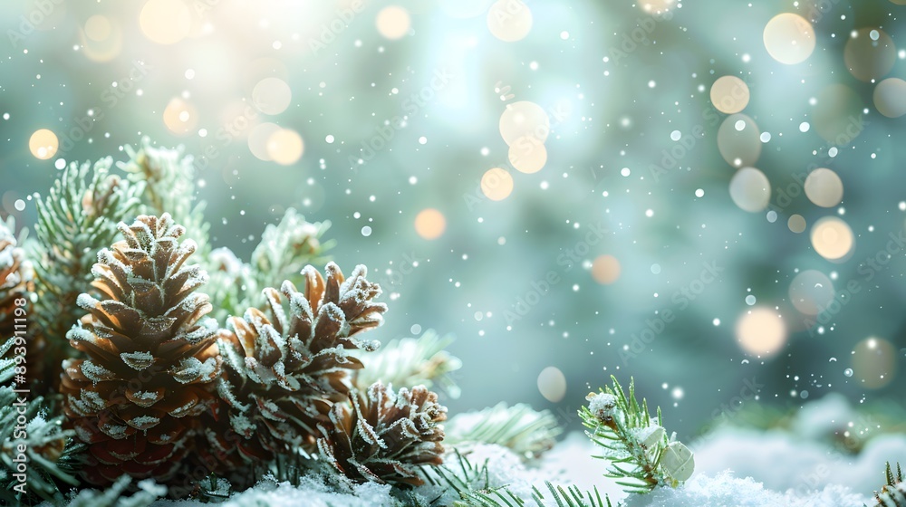 A serene winter scene featuring pinecones and snow with soft bokeh lights in the background, evoking a peaceful holiday atmosphere. A serene winter scene featuring pinecones and snow with soft bokeh lights in the background, evoking a peaceful holiday atmosphere.