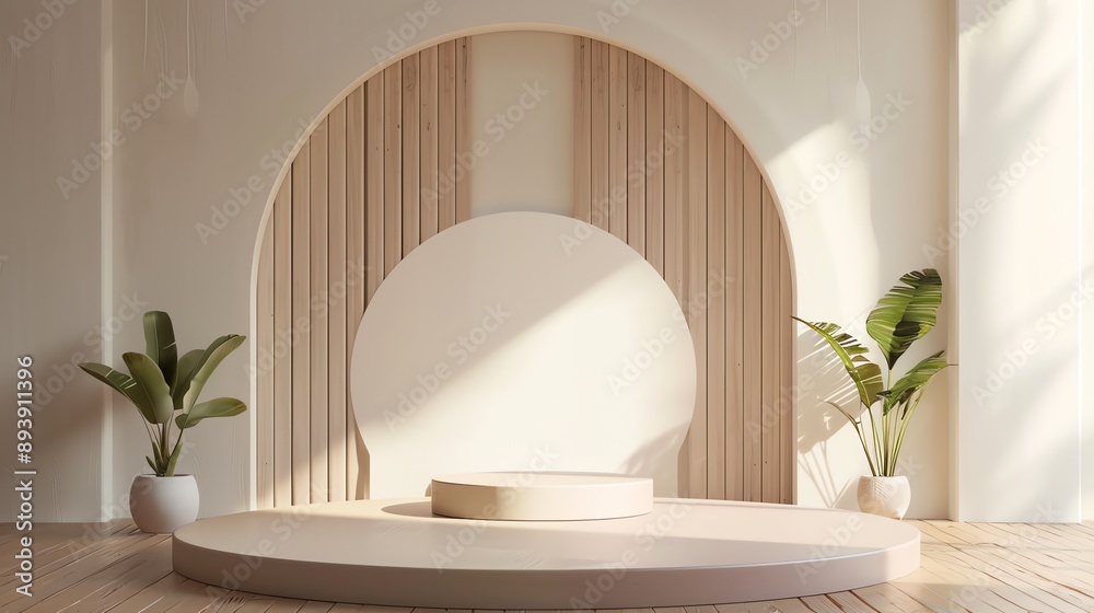 3D rendering of a product display platform with a natural wood background. The platform is made of a light wood and has a circular shape. 3D rendering of a product display platform with a natural wood background. The platform is made of a light wood and has a circular shape.
