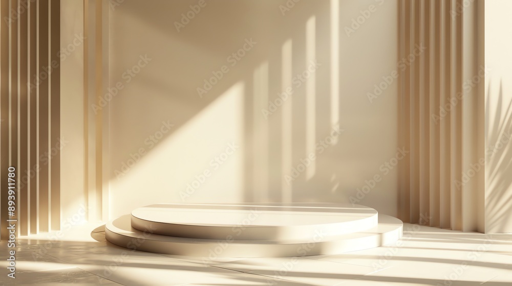 Obraz premium 3D rendering of a beige podium with two steps in front of a beige background.