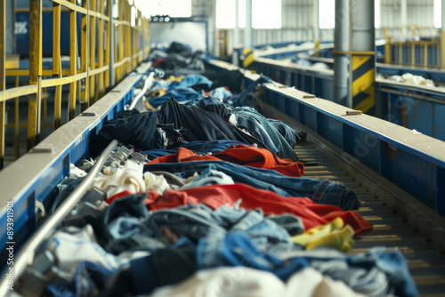 A vast conveyor belt in an industrial setting, carrying a large quantity of assorted clothing, depicting a recycling or sorting process.