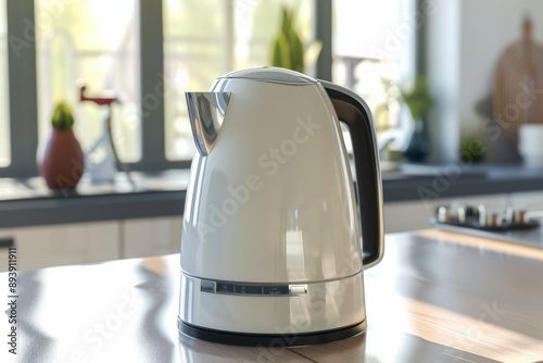 A modern white electric kettle sitting on a clean kitchen countertop with sunlight streaming through the windows.