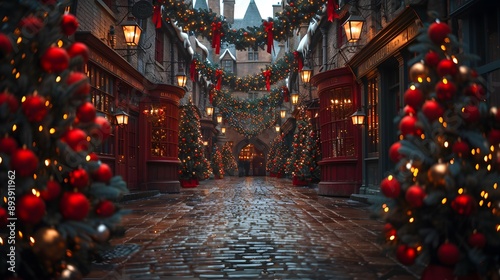 A beautifully decorated cobblestone street adorned with Christmas trees and festive lights, creating a warm holiday atmosphere.  photo