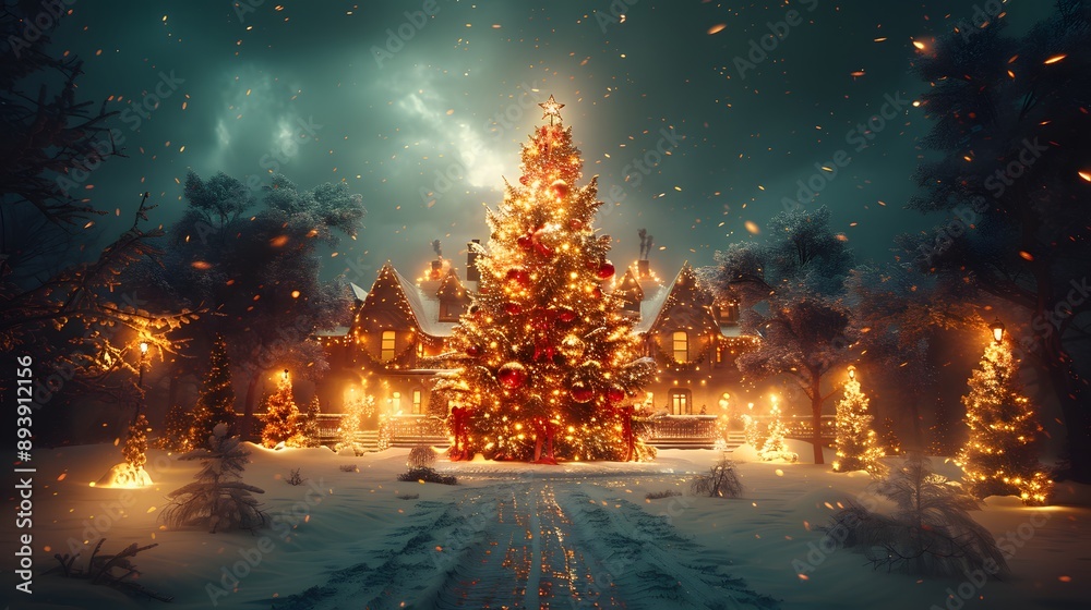 Naklejka premium A beautifully decorated Christmas tree glows warmly in front of a charming cottage, surrounded by a snowy landscape and twinkling lights, evoking a magical holiday atmosphere.