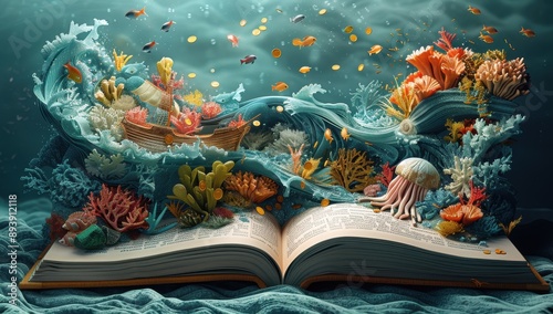 3D Open Book with Fantasy World: Ship Sailing on Ocean of Pages, Flying Fish, Corals, Treasure Chest, Giant Jellyfish, Colorful Fish in Soft Pastel Colors and Cinematic Lighting