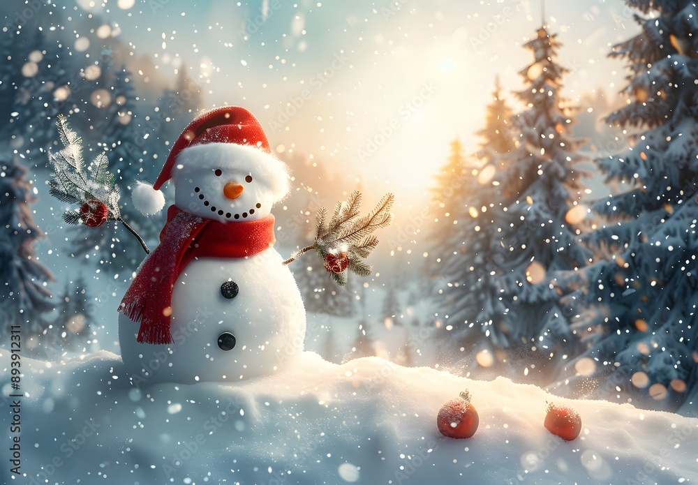A cheerful snowman wearing a red hat and scarf stands amidst falling snow in a picturesque winter landscape, evoking the spirit of the holiday season. A cheerful snowman wearing a red hat and scarf stands amidst falling snow in a picturesque winter landscape, evoking the spirit of the holiday season.