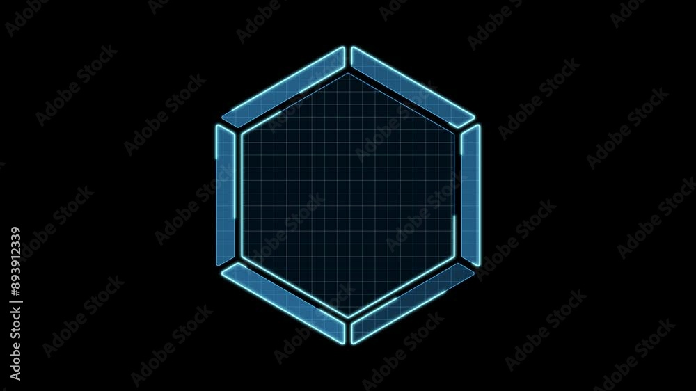 Hexagon shape motion animation, futuristic cyber tech visual, neon laser lines on black background.