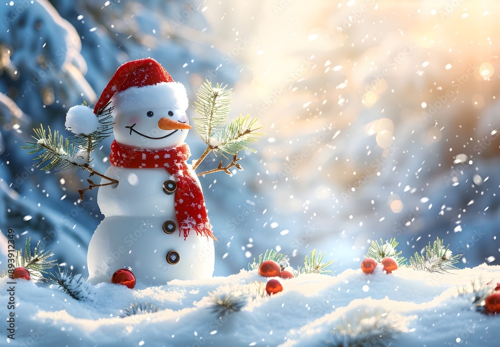 A cheerful snowman wearing a red hat and scarf stands amidst a snowy landscape, surrounded by pine branches and soft falling snowflakes, evoking a festive winter atmosphere. A cheerful snowman wearing a red hat and scarf stands amidst a snowy landscape, surrounded by pine branches and soft falling snowflakes, evoking a festive winter atmosphere.