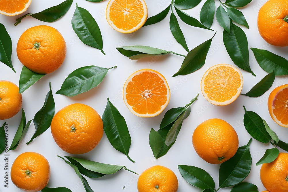 Vibrant Arrangement of Oranges and Green Leaves on a White Background Vibrant Arrangement of Oranges and Green Leaves on a White Background