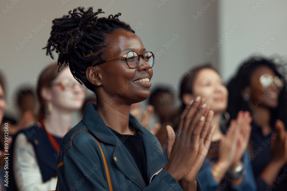 A woman in glasses applauds while looking ahead in a diverse and engaged crowd. A woman in glasses applauds while looking ahead in a diverse and engaged crowd.