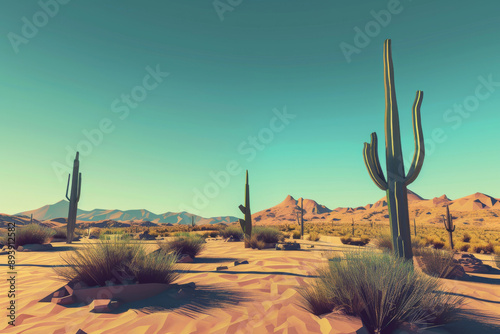 Expansive desert scene with towering cacti under a clear blue sky, mountains in the background, and an aura of untouched natural splendor.