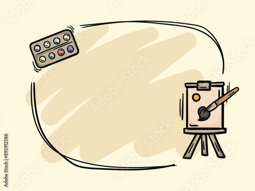 Simple school related vector illustration. Frame for text with drawing board, brush and paints. Design template for designing posts, banners, advertising advertisements