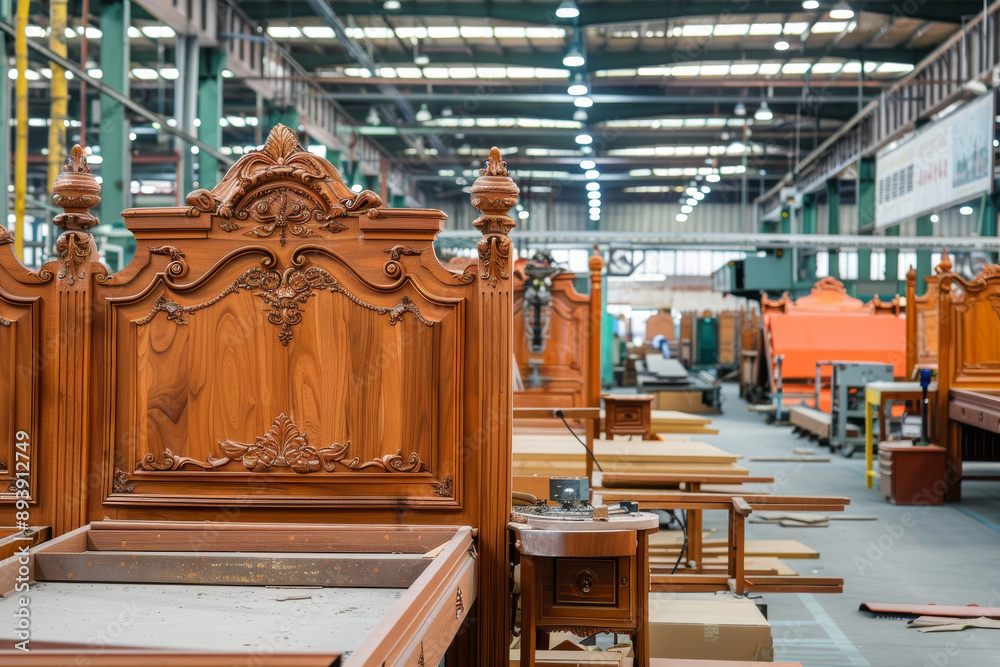 Ornate wooden furniture pieces are displayed in a spacious, modern manufacturing warehouse with natural light streaming through the ceiling. Ornate wooden furniture pieces are displayed in a spacious, modern manufacturing warehouse with natural light streaming through the ceiling.