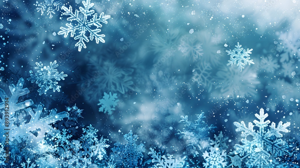 A serene winter backdrop featuring delicate snowflakes gently falling against a soft blue background. 