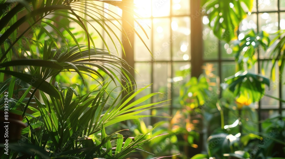 Indoor botanical garden with green plants. Sunshine through panoramic window. Fresh natural setting.