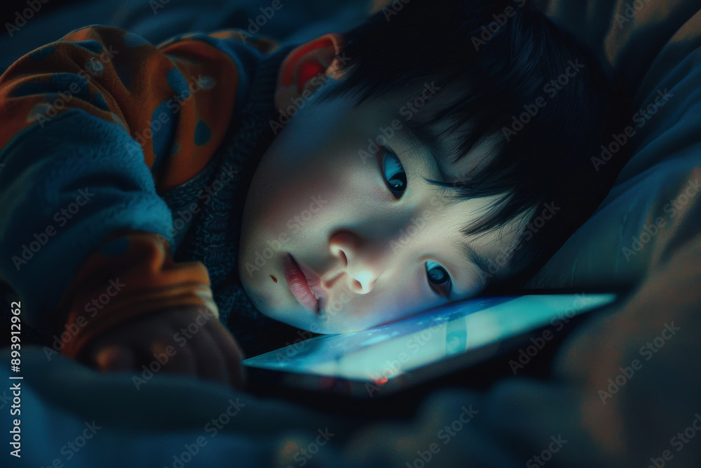 A young child lies in bed, captivated by the light of a tablet screen in the dim room. A young child lies in bed, captivated by the light of a tablet screen in the dim room.