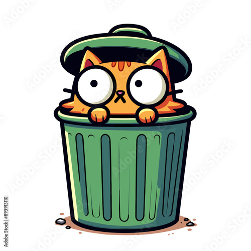Funny cat sitting in trash can. Vector illustration.