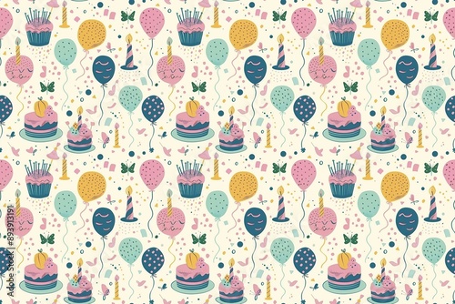 Joyful cartoon-style birthday pattern with pastel balloons, cakes, and floating confetti