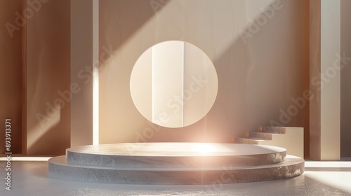 3D rendering of a minimalist podium with a circular opening in the background wall. The podium is made of white marble and has a glossy finish. photo