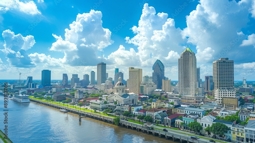 Fototapeta premium Daytime riverside cityscape filled with iconic architecture and vibrant urban life under a clear sky, highlighting the dynamic and modern essence of the city.