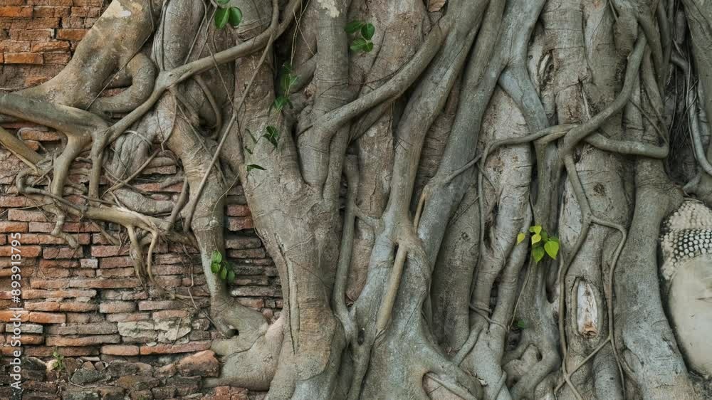 Bodhi tree roots with Buddha head growing on ancient red brick wall in Ayutthaya historical park Wat Mahathat temple, Thailand, Asia. Travel and tourism destination. Power of nature background