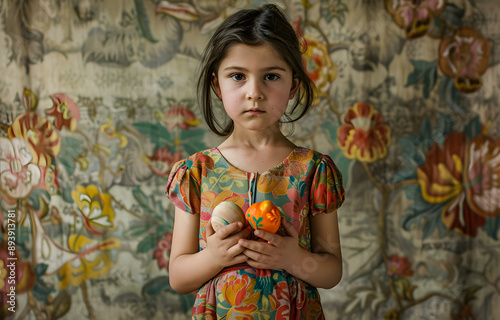 potrait of girl stands straight holding her doll with a serious look. And depicts the life of children in the village