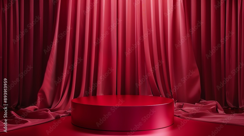 3D rendering of a red silk curtain with a spotlight on a stage.