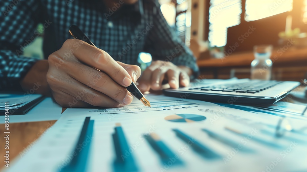 A businessman is working on his paperwork in his office. He is wearing a plaid shirt and he is using a pen to write on a document. A businessman is working on his paperwork in his office. He is wearing a plaid shirt and he is using a pen to write on a document.