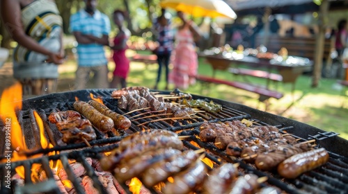 A close-up view of a South African braai barbecue grill with various meats grilling over hot coals, surrounded by friends enjoying a sunny day