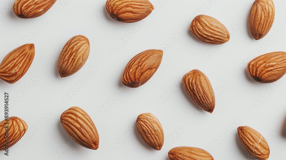 Top view of scattered almonds on white background. Top view of scattered almonds on white background.
