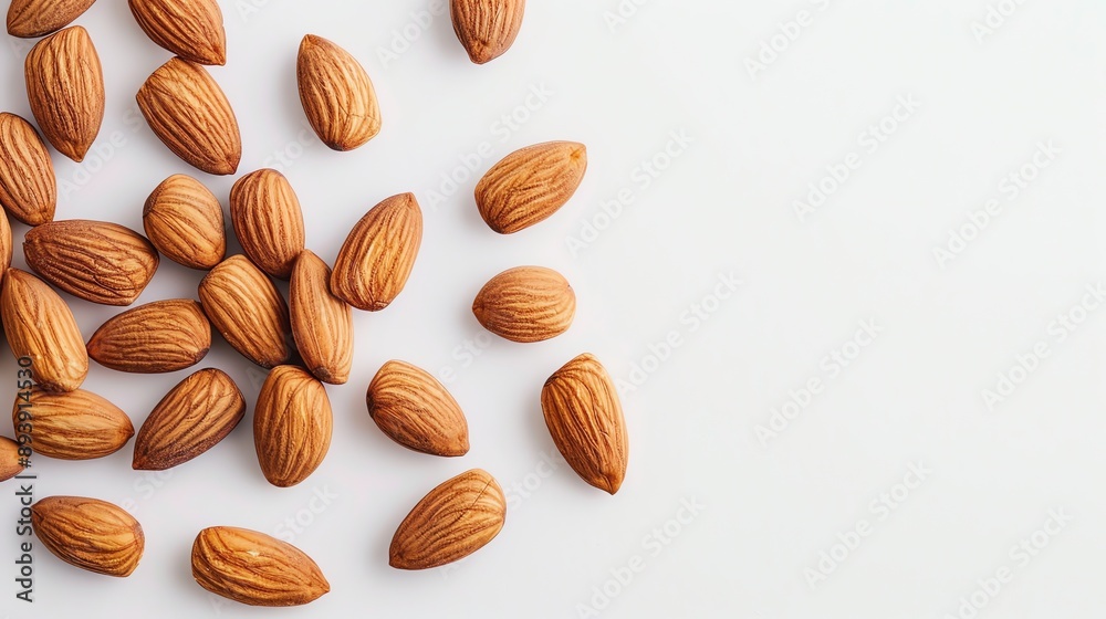 Top view of scattered almonds on a white background. The almonds are arranged in a diagonal line from the bottom left corner of the image. Top view of scattered almonds on a white background. The almonds are arranged in a diagonal line from the bottom left corner of the image.